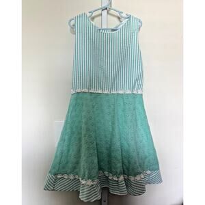 Vtg Rare Editions Eyelet Lace Dress Mint Green and Stripe Bow Back Girls 10